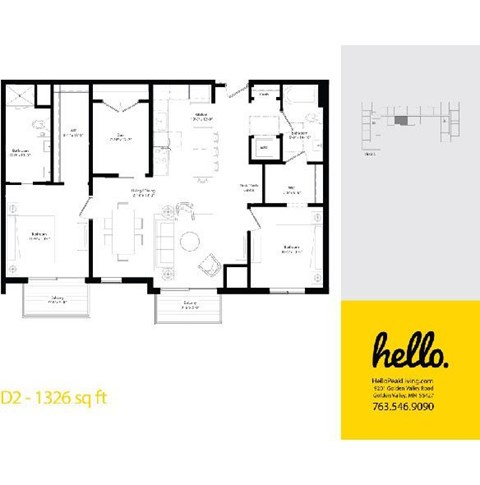 Floor plan for 2 beds, 2 baths, 1326 sqft
