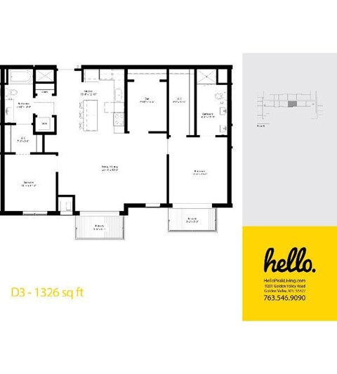 Floor plan for 2 beds, 2 baths, 1326 sqft