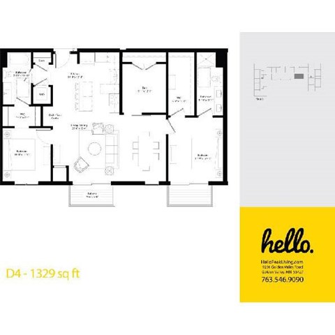 Floor plan for 2 beds, 2 baths, 1329 sqft