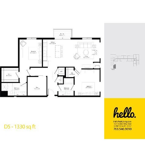 Floor plan for 2 beds, 2 baths, 1330 sqft