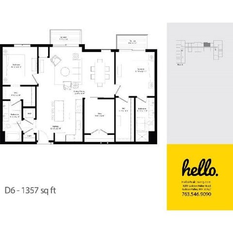 Floor plan for 2 beds, 2 baths, 1357 sqft