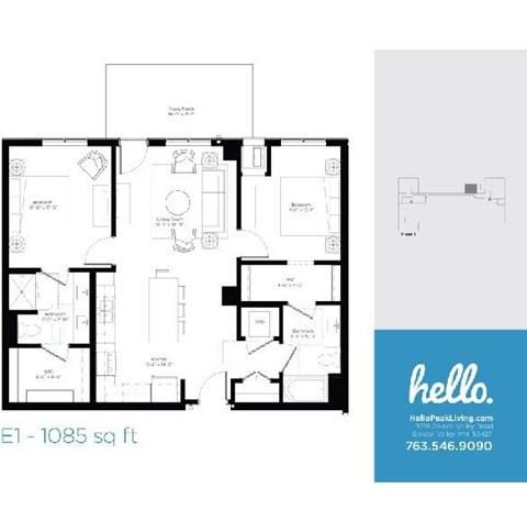 Floor plan for 2 beds, 2 baths, 1085 sqft