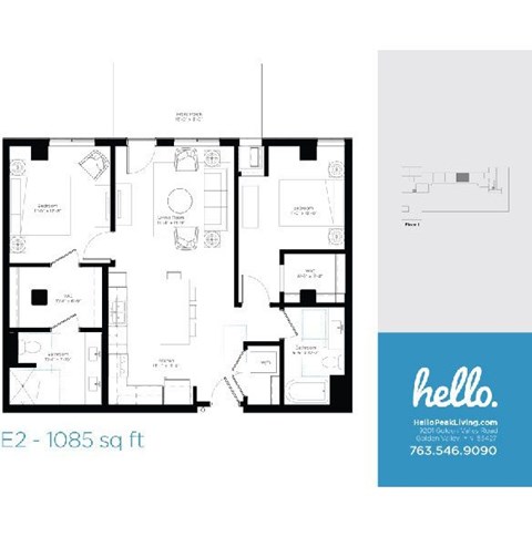 Floor plan for 2 beds, 2 baths, 1085 sqft