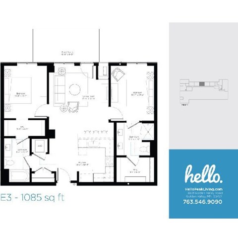 Floor plan for 2 beds, 2 baths, 1085 sqft