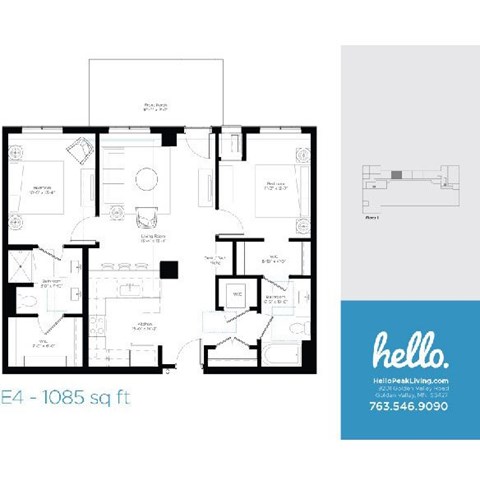 Floor plan for 2 beds, 2 baths, 1085 sqft