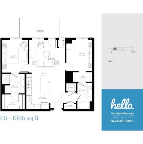 Floor plan for 2 beds, 2 baths, 1085 sqft
