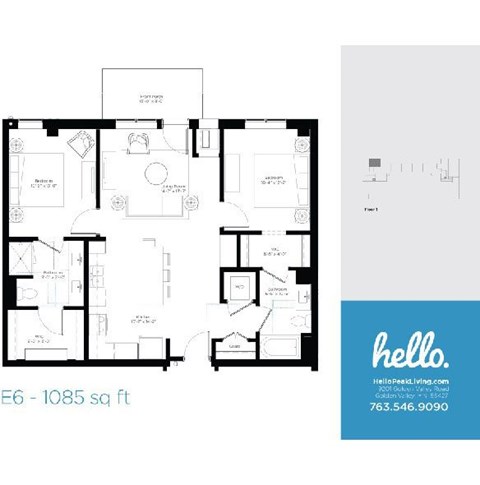 Floor plan for 2 beds, 2 baths, 1085 sqft