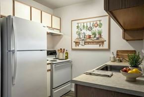 Rio Rancho apartment for rent - A kitchen with a refrigerator, oven, and sink.