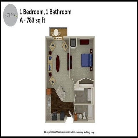 Floor plan for 1 bed, 1 bath, 783 sqft