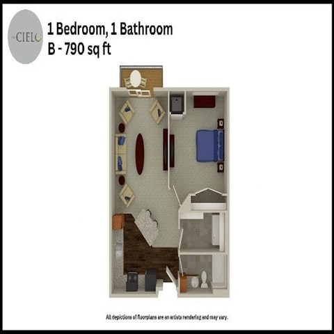 Floor plan for 1 bed, 1 bath, 790 sqft