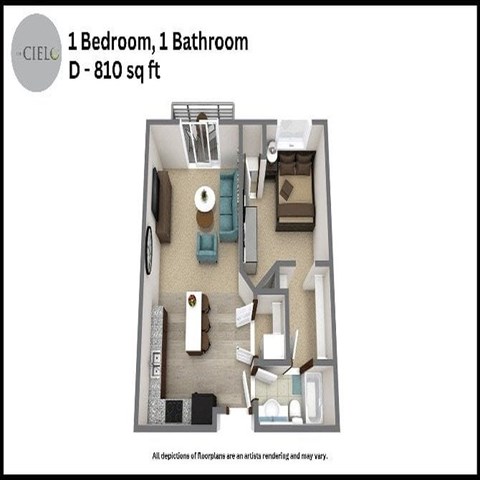 Floor plan for 1 bed, 1 bath, 810 sqft