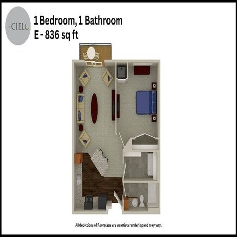 Floor plan for 1 bed, 1 bath, 836 sqft