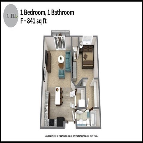 Floor plan for 1 bed, 1 bath, 841 sqft