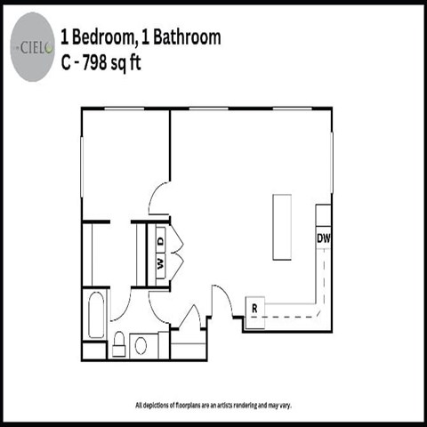 Floor plan for 1 bed, 1 bath, 798 sqft