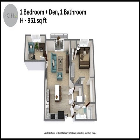 Floor plan for 1 bed, 1 bath, 951 sqft