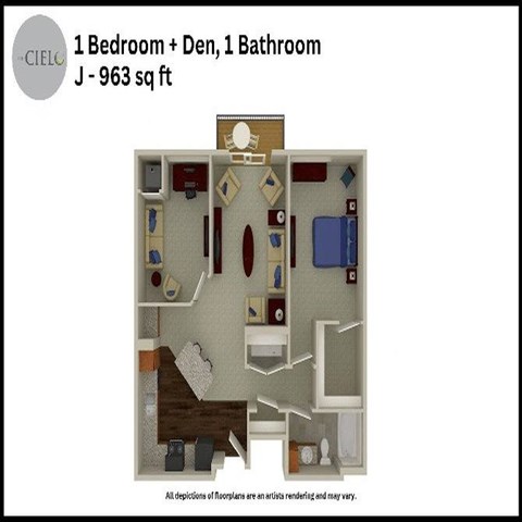 Floor plan for 1 bed, 1 bath, 963 sqft