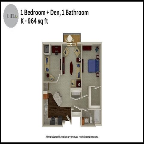 Floor plan for 1 bed, 1 bath, 964 sqft