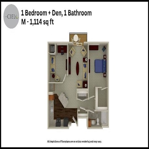 Floor plan for 1 bed, 1 bath, 1114 sqft
