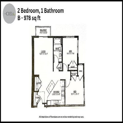 Floor plan for 2 beds, 1 bath, 978 sqft