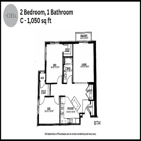 Floor plan for 2 beds, 1 bath, 1050 sqft