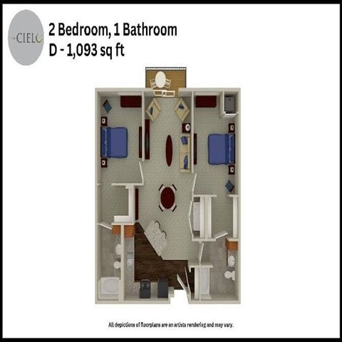 Floor plan for 2 beds, 1 bath, 1093 sqft