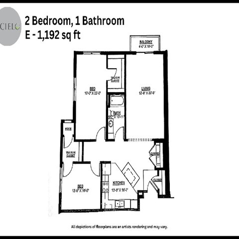 Floor plan for 2 beds, 1 bath, 1192 sqft