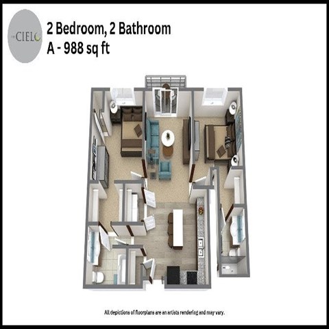 Floor plan for 2 beds, 2 baths, 988 sqft