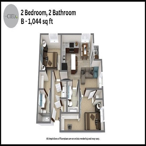 Floor plan for 2 beds, 2 baths, 1044 sqft