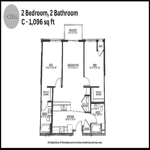 Floor plan for 2 beds, 2 baths, 1096 sqft