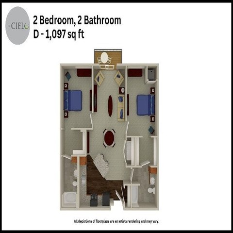 Floor plan for 2 beds, 2 baths, 1097 sqft
