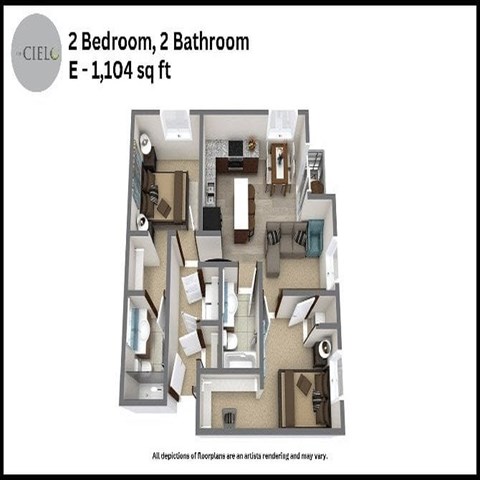 Floor plan for 2 beds, 2 baths, 1104 sqft