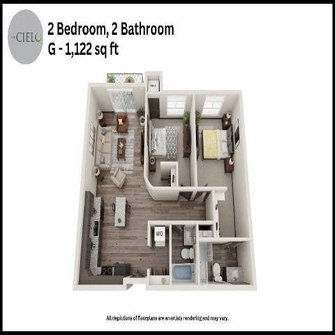 Floor plan for 2 beds, 2 baths, 1122 sqft