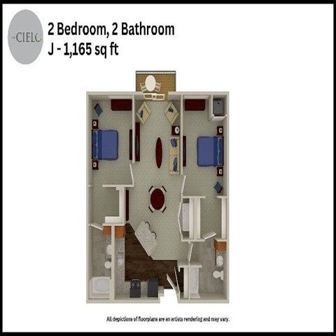Floor plan for 2 beds, 2 baths, 1165 sqft