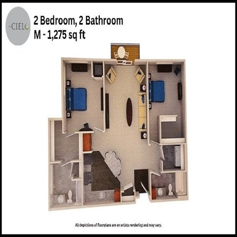 Floor plan for 2 beds, 2 baths, 1275 sqft