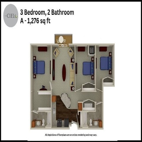 Floor plan for 3 beds, 2 baths, 1276 sqft
