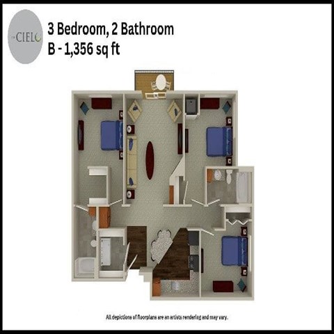 Floor plan for 3 beds, 2 baths, 1356 sqft