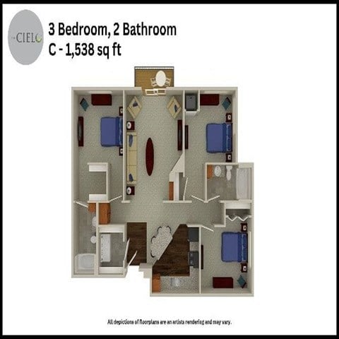 Floor plan for 3 beds, 2 baths, 1538 sqft