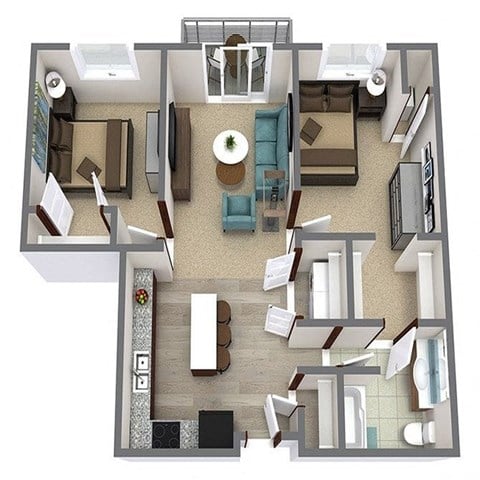 Floor plan for 2 beds, 1 bath, 893 sqft