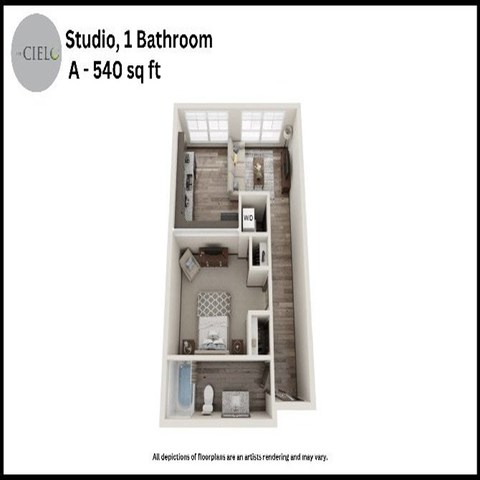 Floor plan for studio, 1 bath, 540 sqft