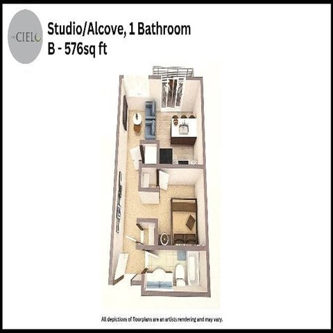 Floor plan for studio, 1 bath, 576 sqft