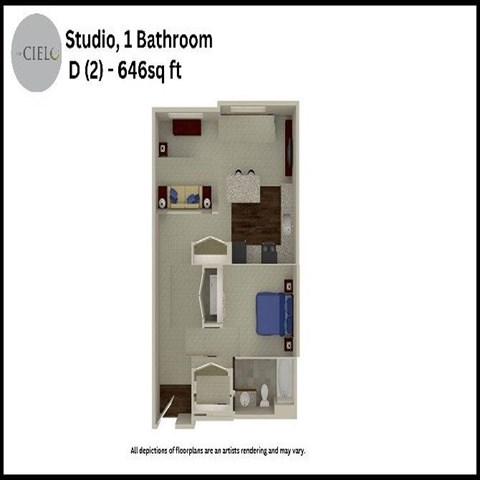 Floor plan for studio, 1 bath, 646 sqft