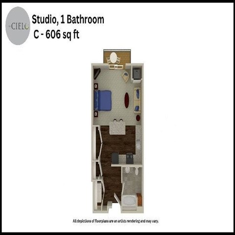 Floor plan for studio, 1 bath, 606 sqft