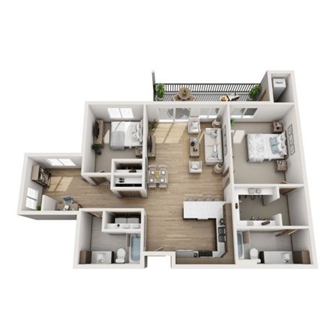 Floor plan for 2 beds, 2 baths, 1257 sqft