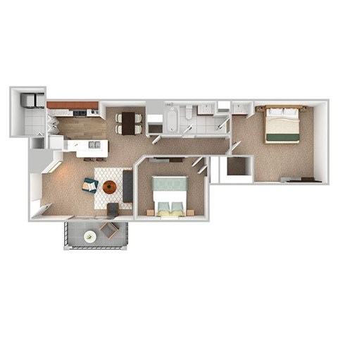 Floor plan for 2 beds, 1 bath, 896 sqft