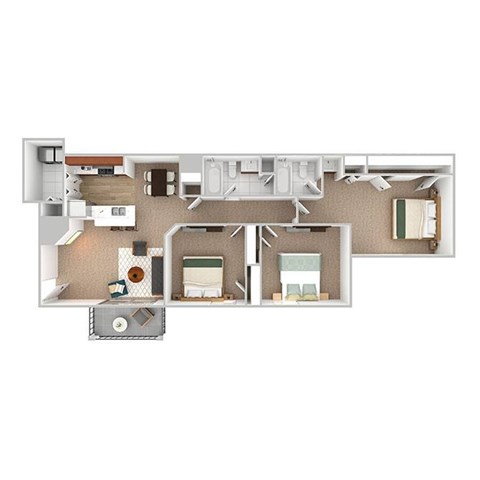 Floor plan for 3 beds, 2 baths, 1122 sqft