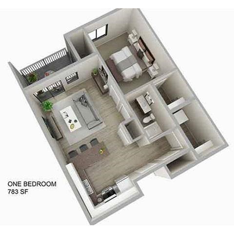 Floor plan for 1 bed, 1 bath, 909 sqft