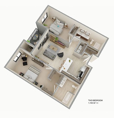 Floor plan for 2 beds, 2 baths, 1149 sqft
