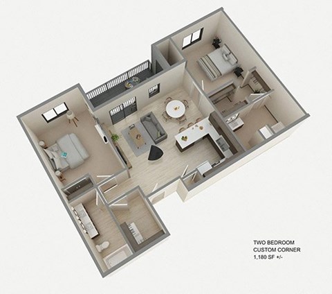 Floor plan for 2 beds, 2 baths, 1180 sqft