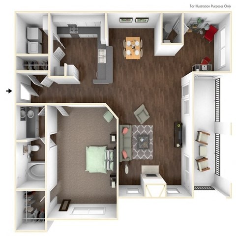 Floor plan for 1 bed, 1 bath, 884 sqft
