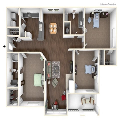 Floor plan for 3 beds, 2 baths, 1354 sqft